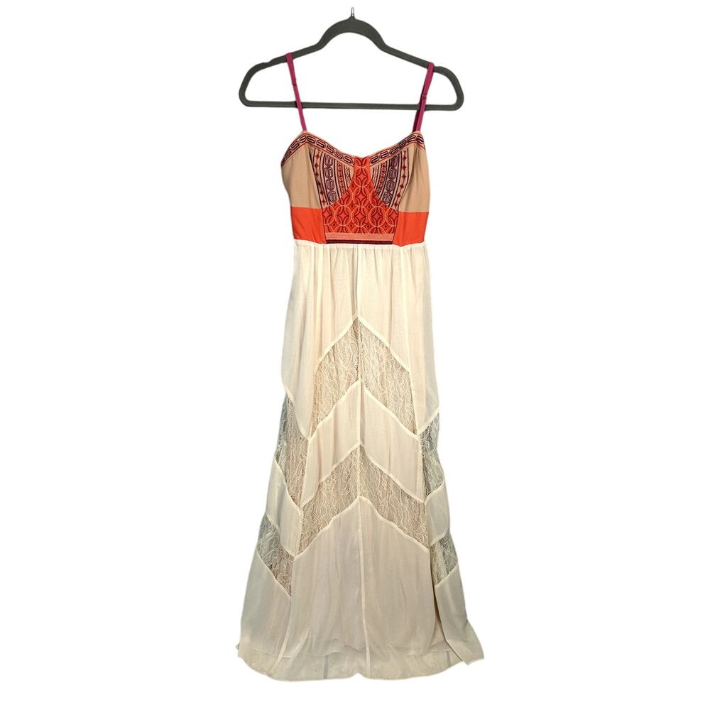 Champagne & Strawberry Maxi Dress Size Small Lace Boho Aztec Embroidered